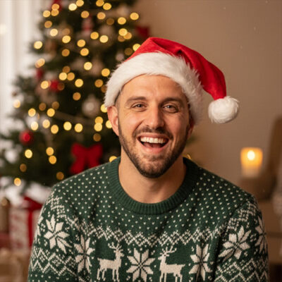A man wearing a Christmas sweater and hat smiles cheerfully at the camera.