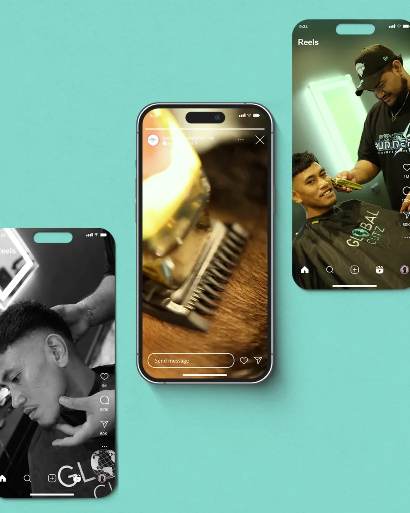 Three mobile phones displaying Instagram Reels interface with Global Cutz barber shop content