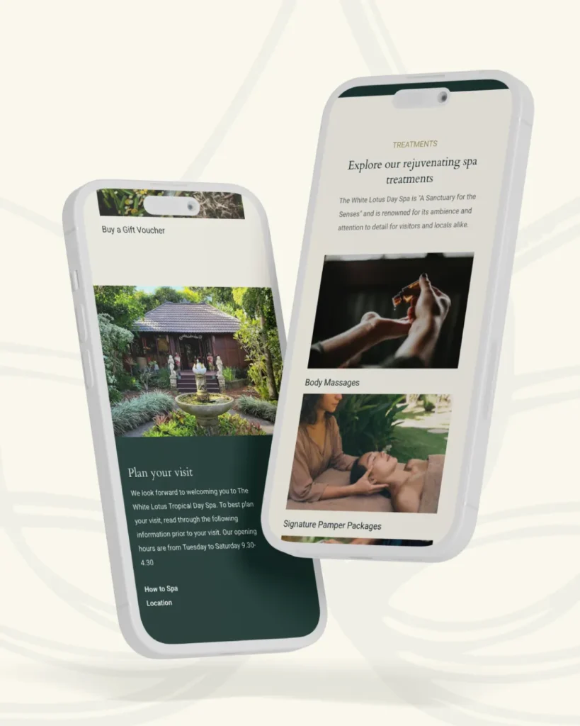 Two mobile phones showing White Lotus Day Spa website with treatment information and images